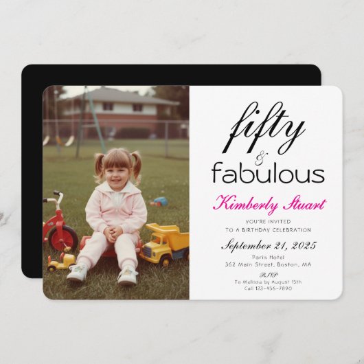 Invitation Fifty & Fabulous Photo 50th Script Birthday Party (Devant / Derrière)