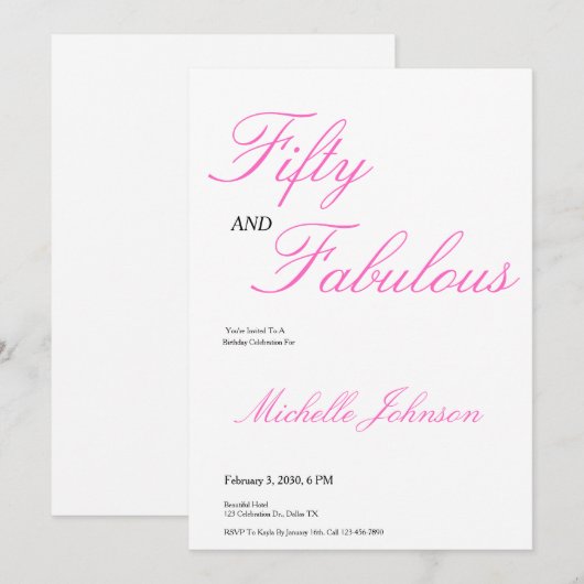 Invitation Fifty & Fabulous Pink 50th Birthday Party (Devant / Derrière)