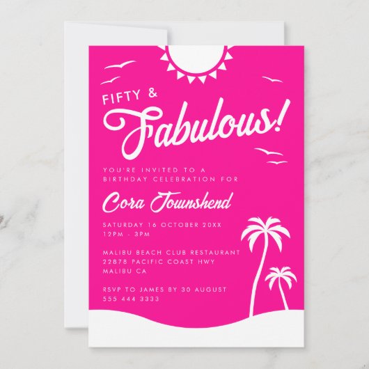 Invitation Fifty & Fabulous Pink Beach 50th Birthday Party (Devant)