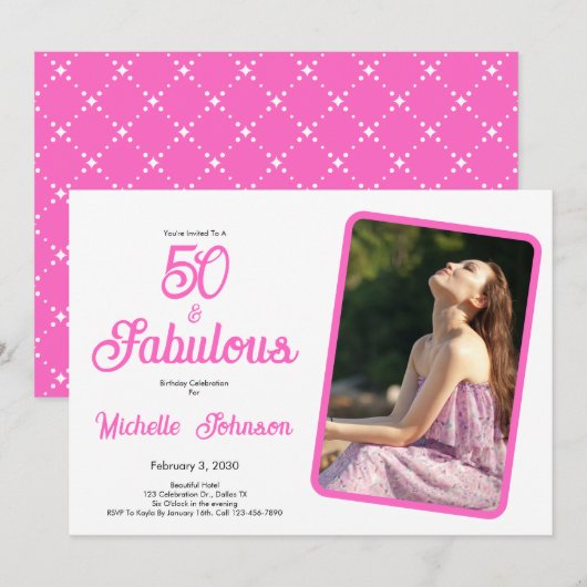 Invitation Fifty & Fabulous Pink Black 50th Birthday Party (Devant / Derrière)