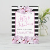 Invitation Fifty & Fabulous Pink Floral Black Stripe Birthday (Debout devant)