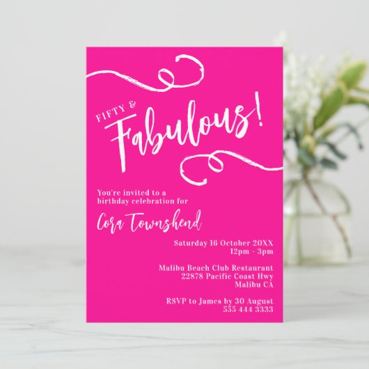 Invitation Fifty & Fabulous Pink Script 50th Birthday Party (Debout devant)