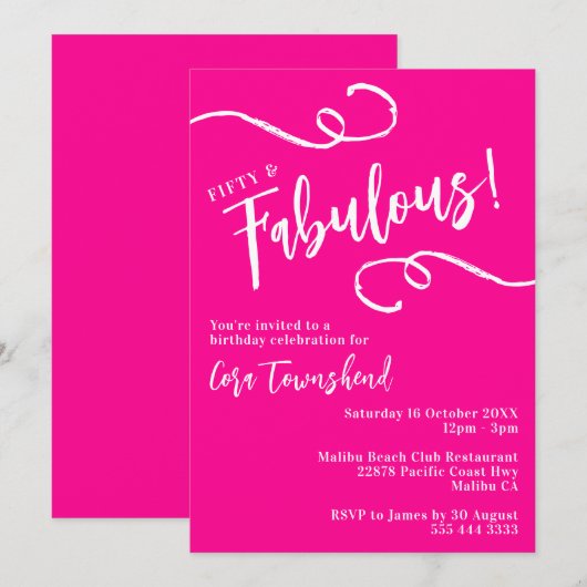 Invitation Fifty & Fabulous Pink Script 50th Birthday Party (Devant / Derrière)