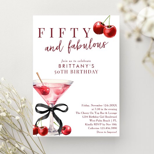 Invitation Fifty & Fabulous Red Cherry Martini 50th Birthday