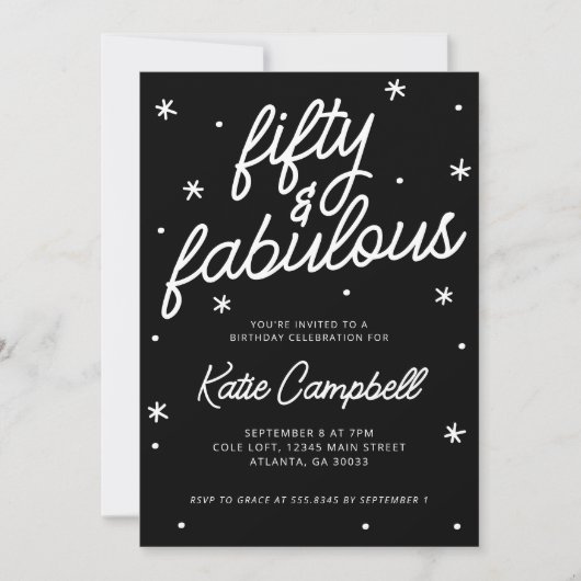 Invitation Fifty Fabulous Script Black White 50th Birthday (Devant)