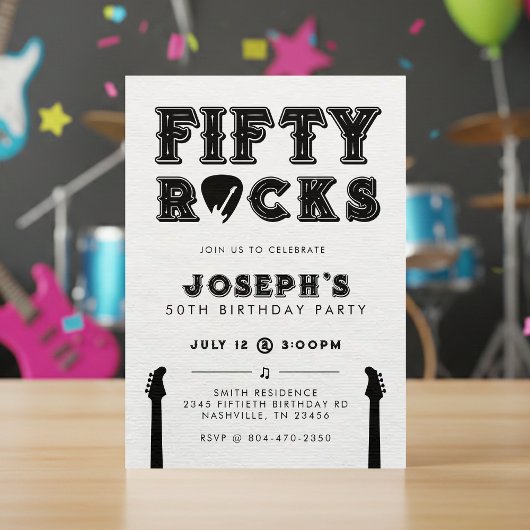 Invitation Fifty Rocks Guitar Pick 50th Birthday Party