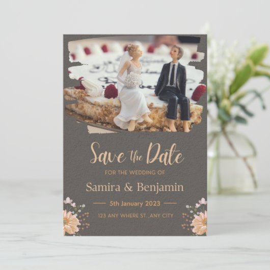 Invitation Figurine de mariage d'un couple, gris foncé et ora (Debout devant)
