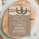 Invitation Fil à cheval rustique sur Burlap & Wedding shower<br><div class="desc">Ce fer à cheval sur burlap rustique et les invitations vintages de wedding shower en dentelle blanche feront le faire-part parfait pour toute mariée et mariée à être! Le design comporte de jolis fer à cheval entrelacés sur un arrière - plan rustique effet burlap avec un habillage romantique vintage effet...</div>
