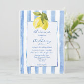 Invitation Fil à la main bleu rayures citrons italien mariage (Debout devant)