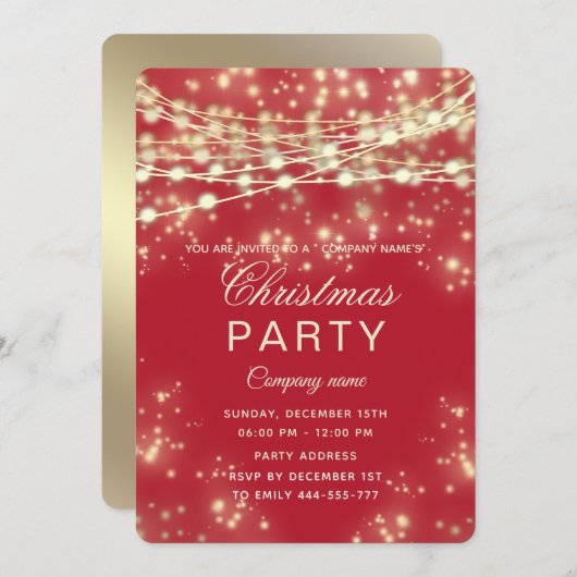 Invitation fil lumières or entreprise Noël fête rouge (Devant / Derrière)
