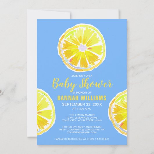 Invitation Filières d'aquarelle citron Baby shower bleu (Devant)