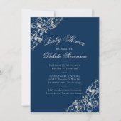 Invitation Filigree Art déco | Baby shower bleu Silver Navy (Devant)