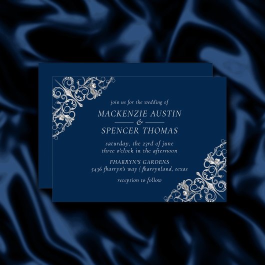 Invitation Filigree Art déco | Mariage bleu marine gris argen