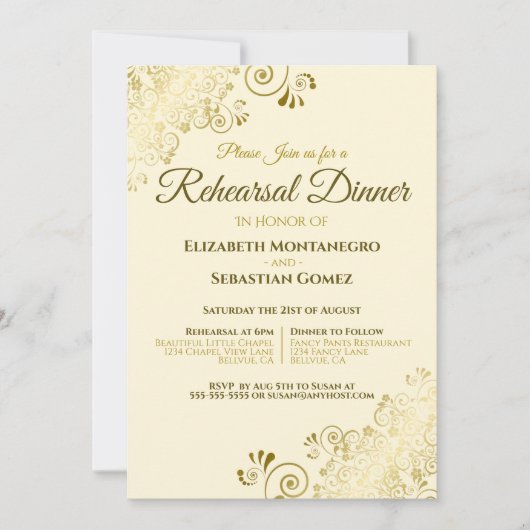 Invitation Filigree d'or sur Cream Mariage répétition et dîne (Devant)
