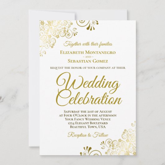 Invitation Filigree or sur blanc Elegant QR Code Mariage (Devant)