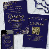 Filigree or sur bleu marine Elegant QR Code Mariag