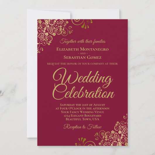 Invitation Filigree or sur Burgundy Elegant QR Code Mariage (Devant)