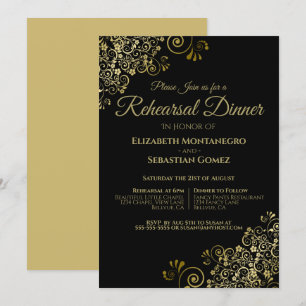 Invitation Filigree or sur le Mariage noir répétition et dîne