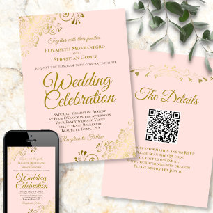Invitation Filigree or sur Mariage de code QR élégant rose