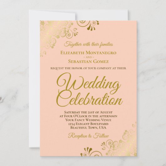 Invitation Filigree or sur Peach Elegant QR Code Mariage (Devant)