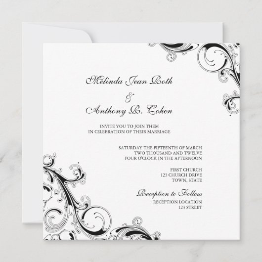 Invitation Filigree Swirl Blanc avec Mariage Carré noir (Devant)