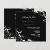 Invitation Filigree Swirl Noir avec Mariage Carré blanc (Devant / Derrière)