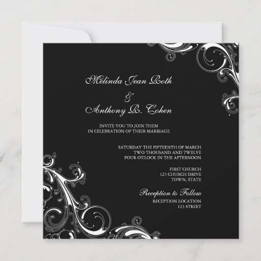 Invitation Filigree Swirl Noir avec Mariage Carré blanc (Devant)
