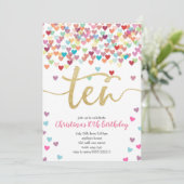 Invitation Fille 10e anniversaire Coeurs Confetti Rainbow Par (Debout devant)