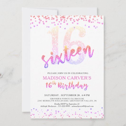 Invitation Fille 16e anniversaire rose violet Parties scintil (Devant)