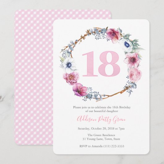 Invitation Fille 18e fête d'anniversaire | Couronne de fleurs (Devant / Derrière)