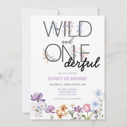 Invitation Fille 1er anniversaire | Anniversaire Fleur sauvag (Devant)