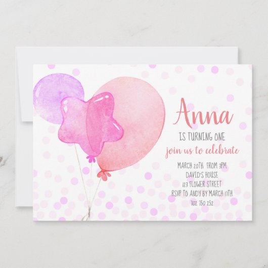 Invitation Fille 1er anniversaire Ballons Confetti Pink Party (Devant)