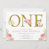 Invitation Fille 1er anniversaire bleu rose et or floral (Devant)