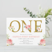 Invitation Fille 1er anniversaire bleu rose et or floral (Debout devant)