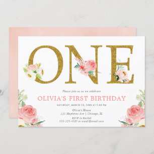 Invitation Fille 1er anniversaire bleu rose et or floral