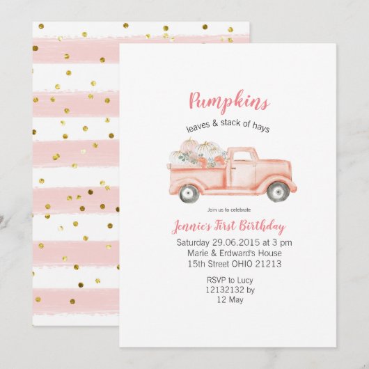Invitation Fille 1er anniversaire Camion Citrouille rose Anni (Devant / Derrière)