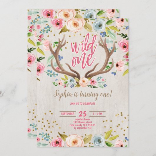 Invitation Fille 1er Anniversaire Cerf Antlers Rustique Wild  (Devant / Derrière)