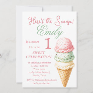 Invitation Fille 1er Anniversaire Crème Glacée Rose Aquarelle
