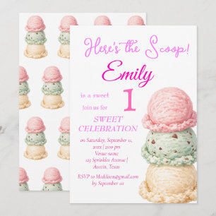 Invitation Fille 1er Anniversaire Crème Glacée Rose Aquarelle