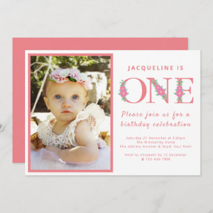 Invitation Fille 1er anniversaire fête photo rose