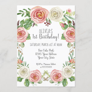 Invitation Fille 1er Anniversaire Florale de rose rose noire