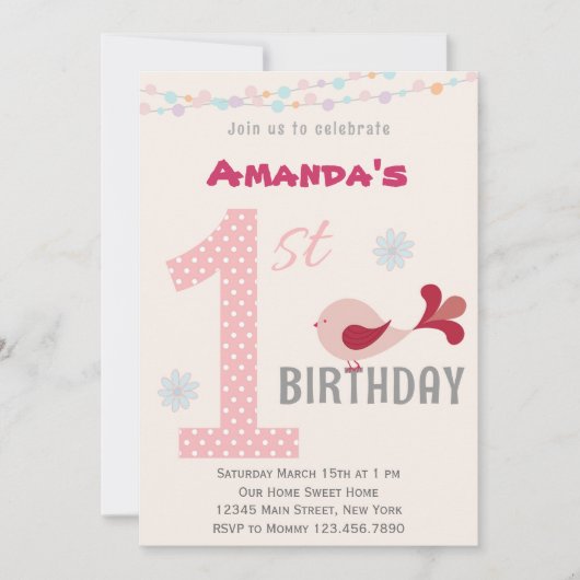 Invitation Fille 1er anniversaire Invitation Oisea (Devant)