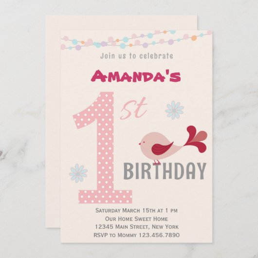 Invitation Fille 1er anniversaire Invitation Oisea (Devant / Derrière)