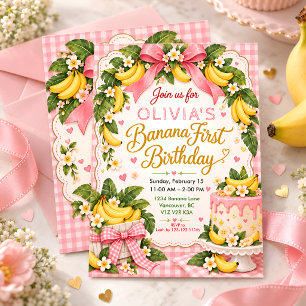 Invitation Fille 1er anniversaire partie gingham rose tropica