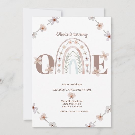 Invitation Fille 1er anniversaire | Rainbow Boho (Devant)