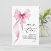 Invitation Fille 1er anniversaire rose bow coquette (Debout devant)