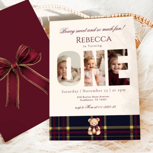 Invitation Fille 1er anniversaire Teddy Bear photo hiver