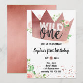 Invitation Fille 1er anniversaire WILD UN Rose Gold Foil Crow (Devant / Derrière)