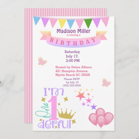 Invitation Fille 1er et Merveilleuse fête d'anniversaire (Devant / Derrière)