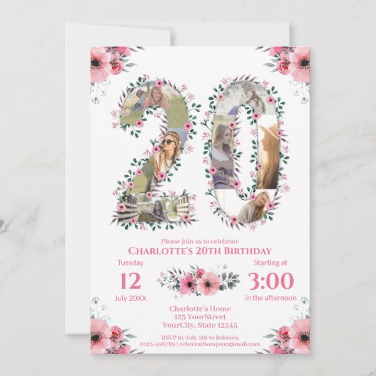 Invitation Fille 20e anniversaire Photo Collage Rose Fleur Bl (Devant)